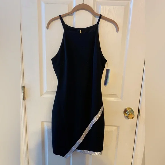 BCX Juniors Size MED Black Asymmetrical Midi Embellished Halter Party Dress - Picture 1 of 11